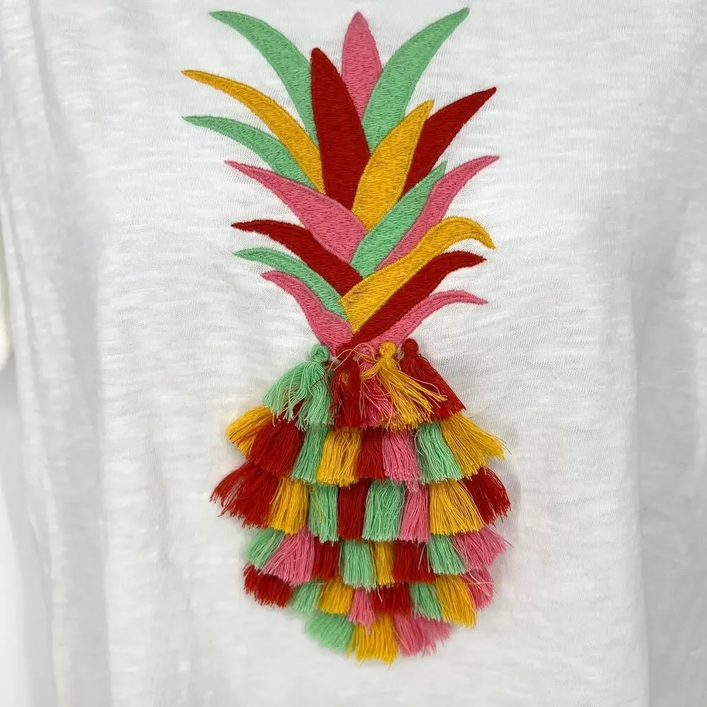 Talbots Petite Womens Embroidered Pineapple Tassls Cotton Size M Petite